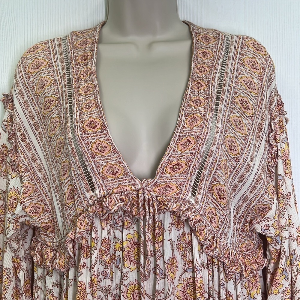 Free People - Moonlight Dance Floral V Neck Boho 3/4 Sleeve Blouse Size Small - Picture 7 of 12